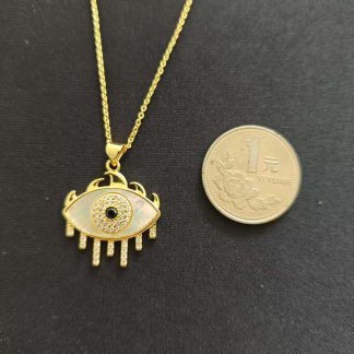 Evil Eye Handcrafted Shell Carving Pendant Necklace, Natural Mother-of-Pearl Inlay